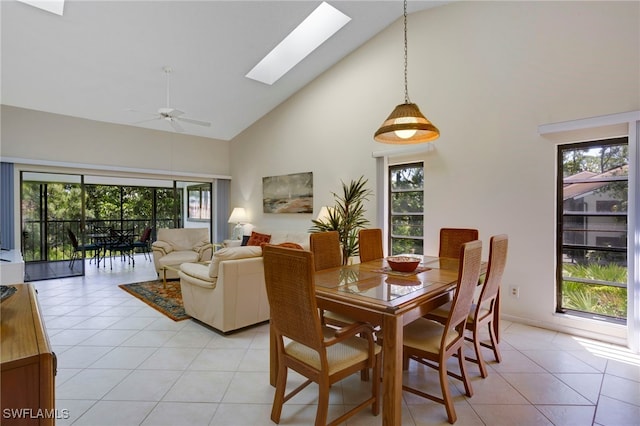 15400 Cedarwood Ln Unit 204, Naples, FL 34110 - dining space with high vaulted ceiling, a skylight, healthy amount of natural light, a ceiling fan, and light tile patterned floors