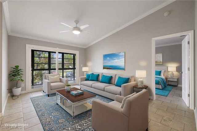 living room featuring a ceiling fan, baseboards, ornamental molding, light tile patterned flooring, and vaulted ceiling