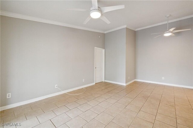 empty room with crown molding, baseboards, a ceiling fan, and light tile patterned floors