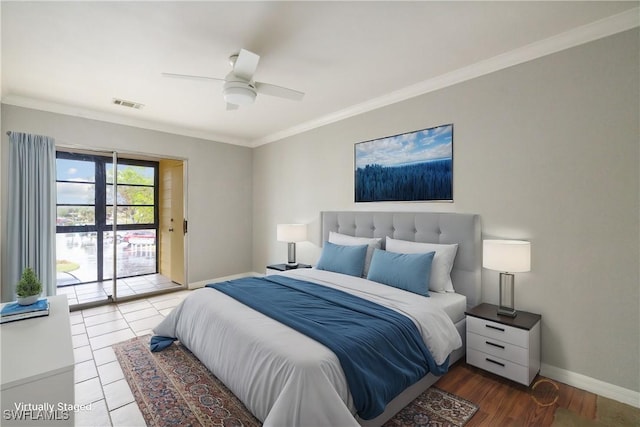 bedroom featuring a ceiling fan, baseboards, visible vents, access to outside, and crown molding