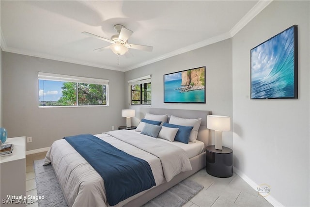 bedroom featuring crown molding, baseboards, ceiling fan, and light tile patterned floors