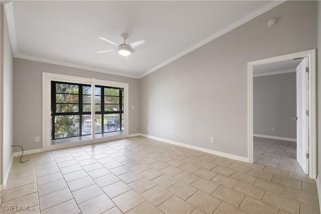 spare room with ceiling fan, ornamental molding, baseboards, and light tile patterned floors