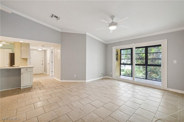unfurnished living room featuring baseboards, ornamental molding, visible vents, and ceiling fan