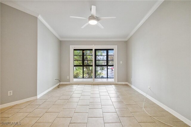 unfurnished room featuring crown molding, light tile patterned flooring, baseboards, and ceiling fan