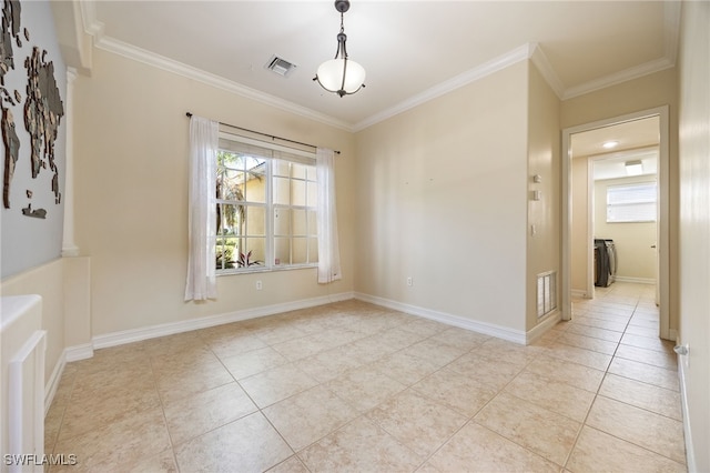 unfurnished dining area with light tile patterned flooring and crown molding
