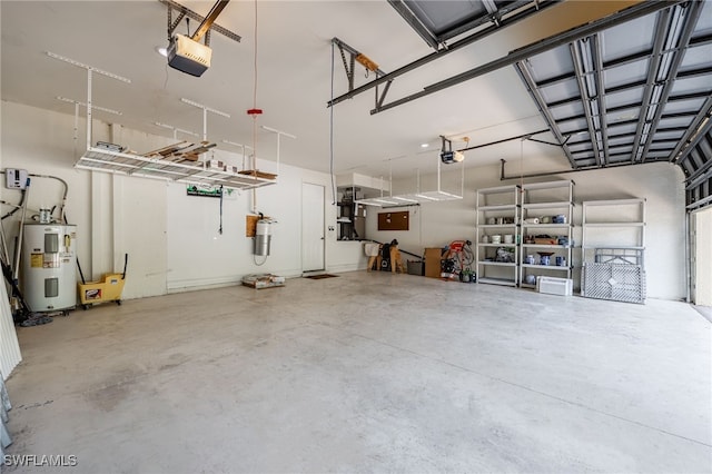 garage with water heater and a garage door opener