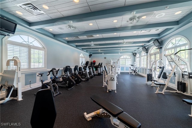 exercise room featuring plenty of natural light and baseboards