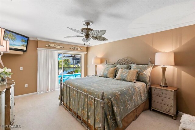 bedroom featuring access to exterior, light carpet, crown molding, a ceiling fan, and baseboards