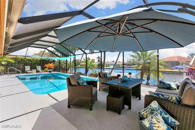 outdoor pool featuring outdoor lounge area, a water view, and glass enclosure