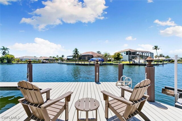 dock area with a water view and a residential view