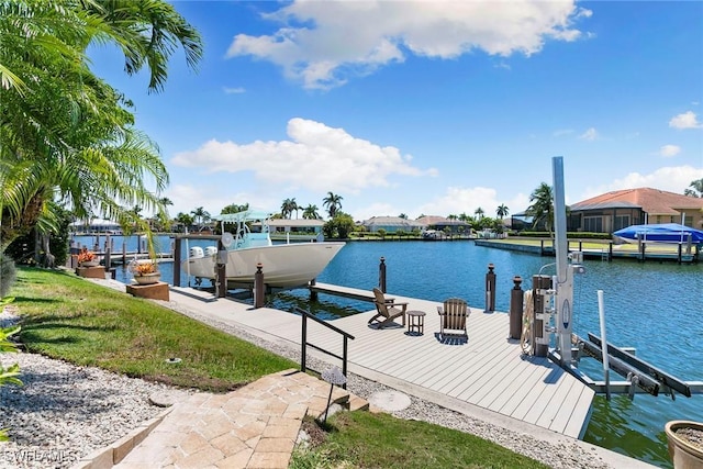 dock area featuring boat lift, a water view, and a residential view