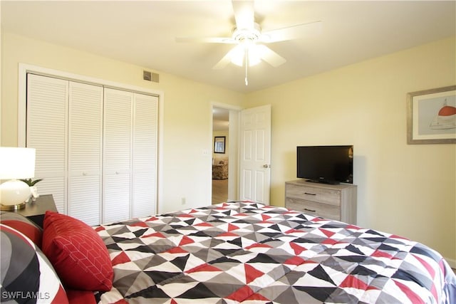 bedroom with a closet and a ceiling fan