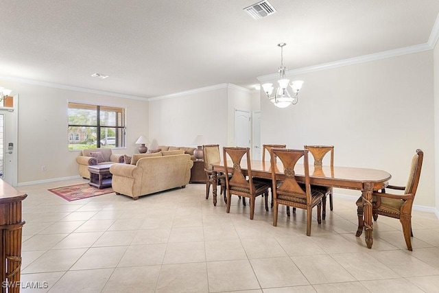 dining area with a chandelier, crown molding, light tile patterned flooring, and baseboards