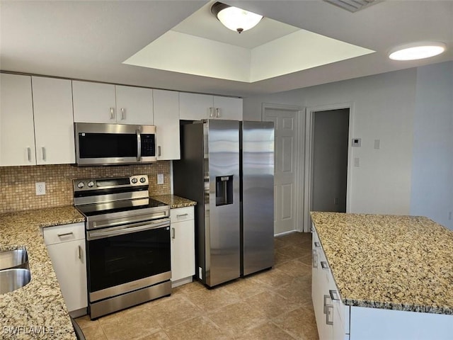 417 NW 18th Pl, Cape Coral, FL 33993 - kitchen featuring white cabinets, a raised ceiling, light stone countertops, appliances with stainless steel finishes, and tasteful backsplash