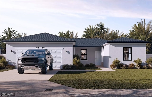 ranch-style house with concrete driveway, an attached garage, a front lawn, and stucco siding