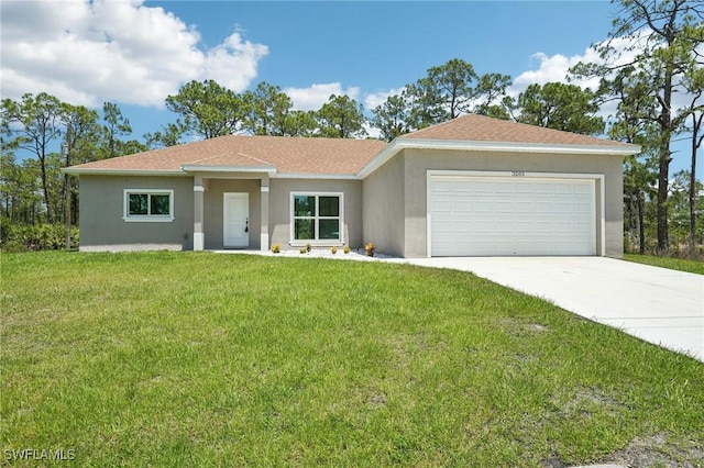 ranch-style house featuring stucco siding, a garage, concrete driveway, and a front yard