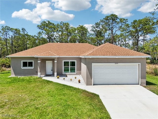 ranch-style house featuring stucco siding, a garage, a front lawn, and concrete driveway