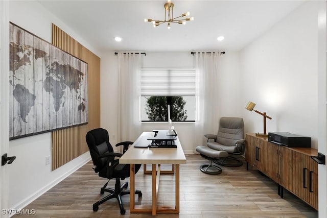 10427 Ventana Ln, Naples, FL 34120 - office space with light wood-type flooring, a chandelier, recessed lighting, and baseboards