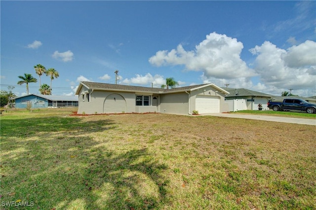 ranch-style home with concrete driveway, a garage, a front yard, and stucco siding