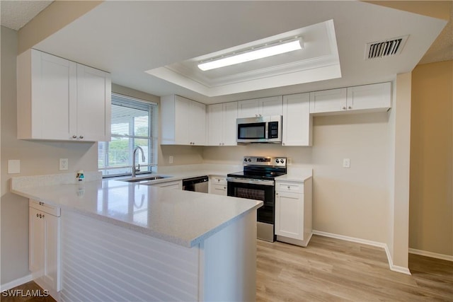 kitchen featuring appliances with stainless steel finishes, a sink, a peninsula, baseboards, and white cabinetry