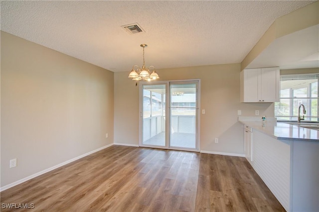 unfurnished dining area featuring a sink, healthy amount of natural light, light wood finished floors, baseboards, and a textured ceiling