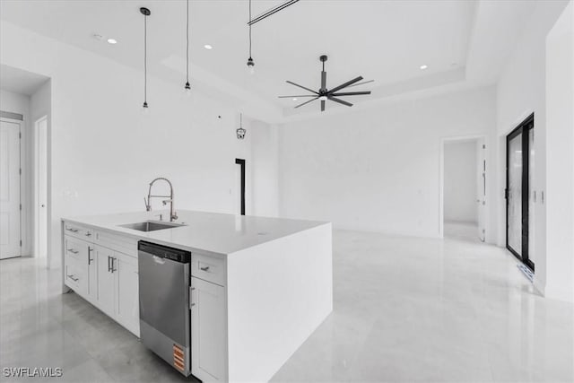 305 Diplomat Pkwy E, Cape Coral, FL 33909 - kitchen with dishwasher, a sink, a ceiling fan, white cabinets, and a kitchen island with sink