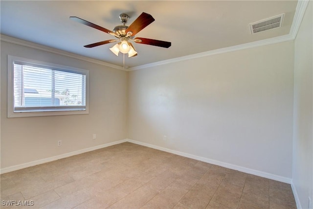 unfurnished room with crown molding, baseboards, and ceiling fan