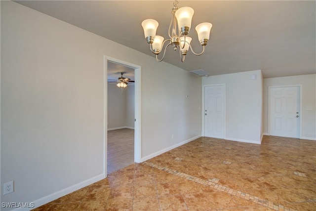 spare room with light tile patterned floors, baseboards, a chandelier, and a ceiling fan