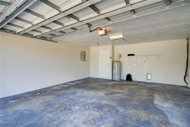 garage featuring a garage door opener, water heater, and electric panel