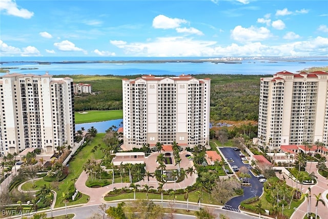 drone / aerial view of a large body of water and apartment complex