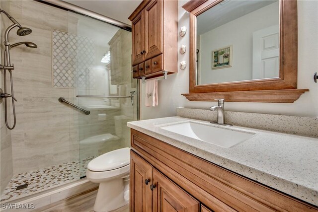 full bath with a stall shower, toilet, and vanity