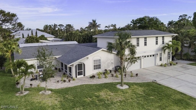 view of front of house with concrete driveway, an attached garage, a front lawn, roof with shingles, and stucco siding