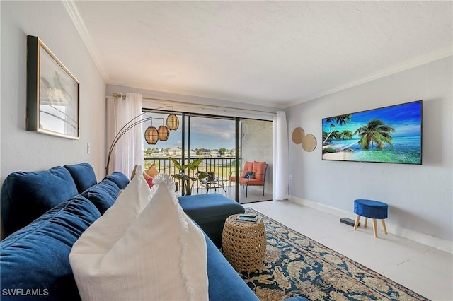 260 Southbay Dr Unit 102, Naples, FL 34108 - living room featuring crown molding, plenty of natural light, and baseboards