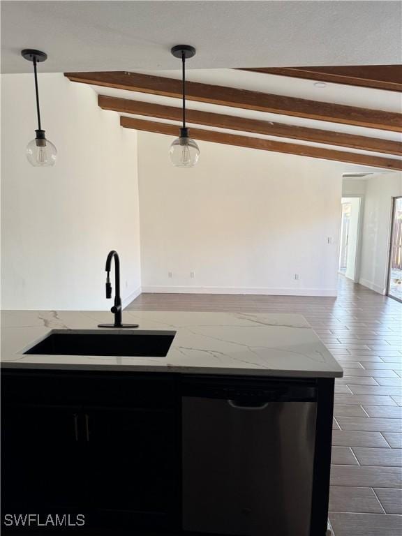 6321 Royal Woods Dr, Fort Myers, FL 33908 - kitchen with a sink, beam ceiling, stainless steel dishwasher, light stone counters, and open floor plan