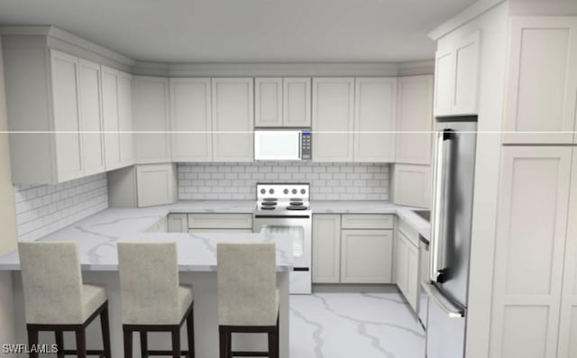 16881 Davis Rd Unit 412, Fort Myers, FL 33908 - kitchen with electric stove, a peninsula, stainless steel refrigerator, and decorative backsplash