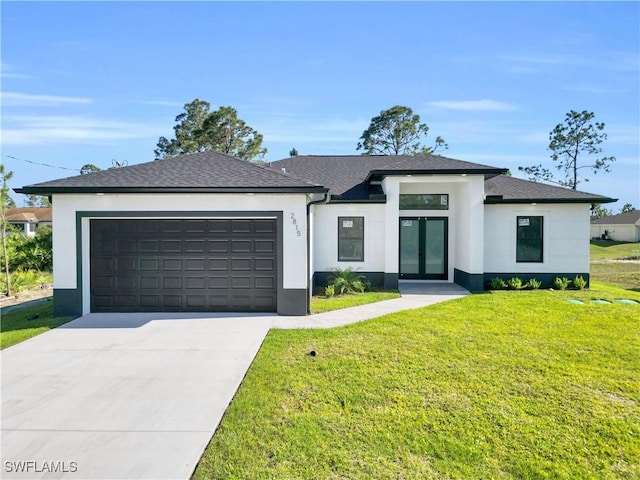 2815 32nd St W, Lehigh Acres, FL 33971 - prairie-style home with stucco siding, french doors, a garage, and concrete driveway