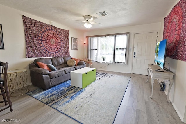 living room with a ceiling fan and wood finished floors