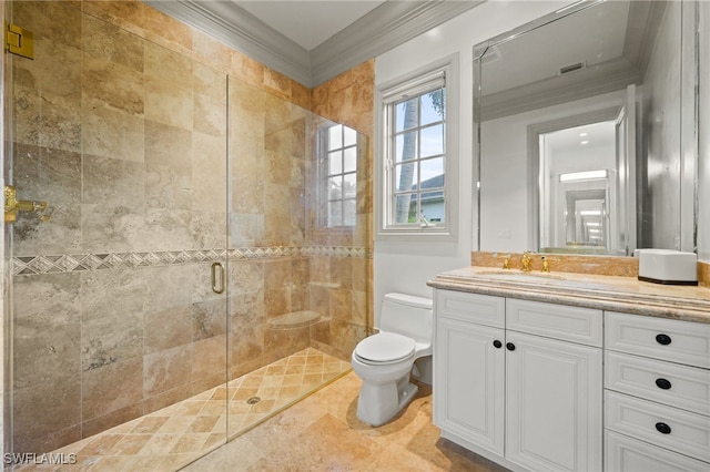 6387 Highcroft Dr, Naples, FL 34119 - full bathroom with ornamental molding, toilet, a stall shower, and vanity
