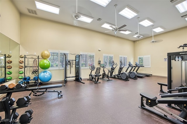 13160 Bella Casa Cir Unit 2115, Fort Myers, FL 33966 - gym featuring a towering ceiling, a ceiling fan, and baseboards