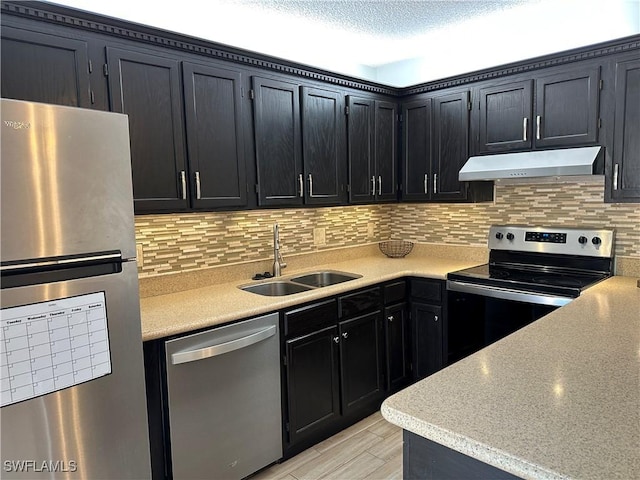 5226 Cedarbend Dr Unit 2, Fort Myers, FL 33919 - kitchen featuring stainless steel appliances, under cabinet range hood, a sink, decorative backsplash, and dark cabinetry