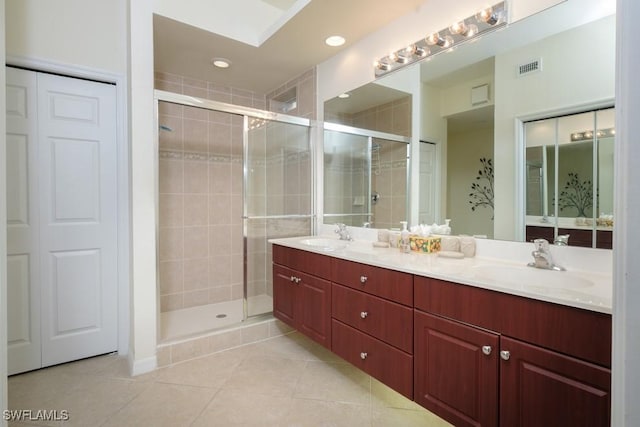 2386 Magnolia Ave Unit 7801, Naples, FL 34112 - bathroom featuring tile patterned flooring, a shower stall, and double vanity