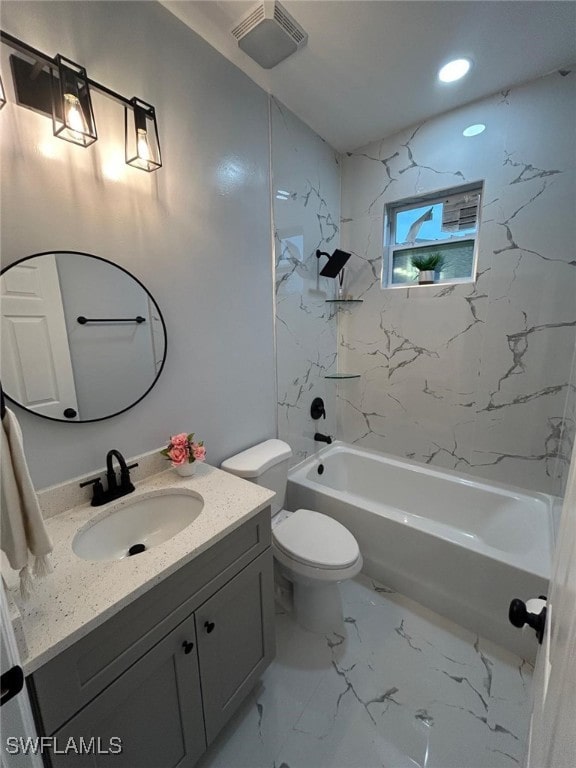 full bath featuring vanity, toilet, shower / bath combination, and marble finish flooring