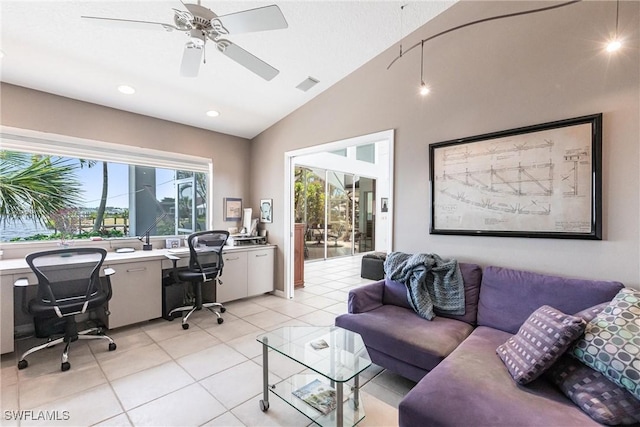 12439 Prather Ave, Port Charlotte, FL 33981 - office area featuring vaulted ceiling, light tile patterned floors, a ceiling fan, and recessed lighting
