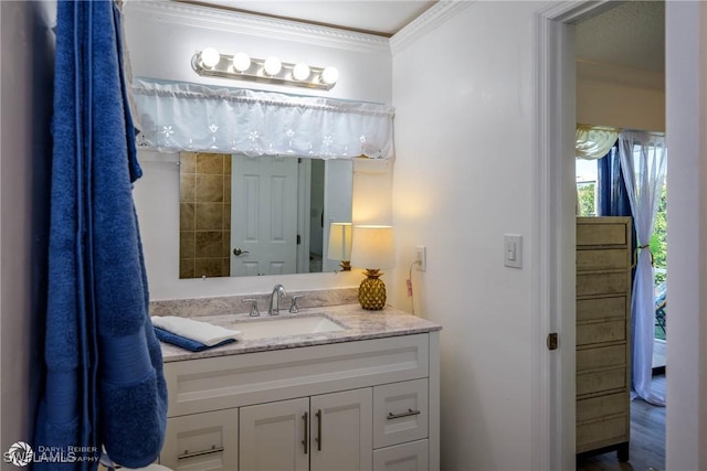 1303 Thompson St, North Fort Myers, FL 33903 - bathroom with ornamental molding, vanity, and wood finished floors