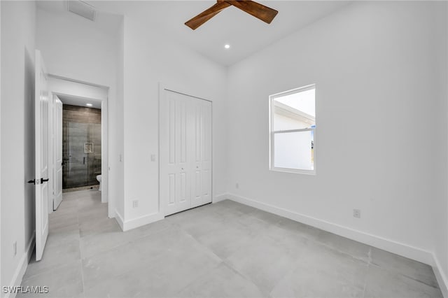 unfurnished bedroom featuring baseboards, a closet, recessed lighting, and a ceiling fan