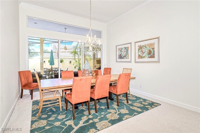 28839 Winthrop Cir, Bonita Springs, FL 34134 - dining space with crown molding, carpet, a chandelier, and baseboards