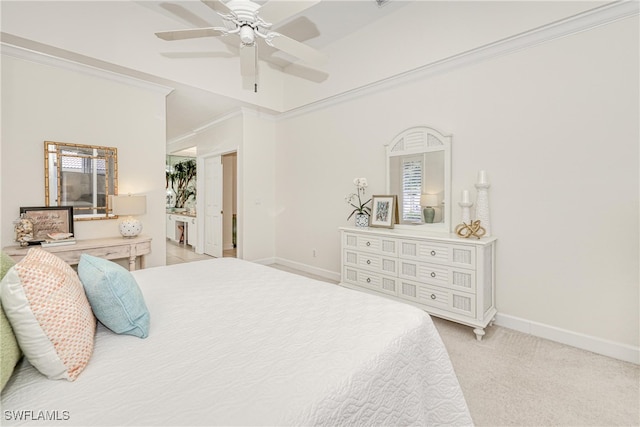 28839 Winthrop Cir, Bonita Springs, FL 34134 - bedroom featuring baseboards, ornamental molding, light colored carpet, and ceiling fan