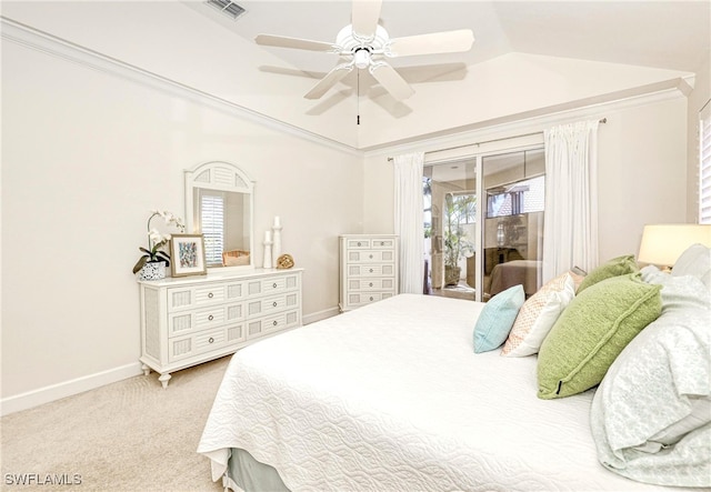 28839 Winthrop Cir, Bonita Springs, FL 34134 - bedroom with access to exterior, light carpet, baseboards, ceiling fan, and vaulted ceiling