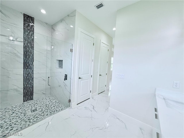 1312 Oak Ave, Lehigh Acres, FL 33972 - bathroom featuring a marble finish shower, marble tiled floors, baseboards, recessed lighting, and vanity