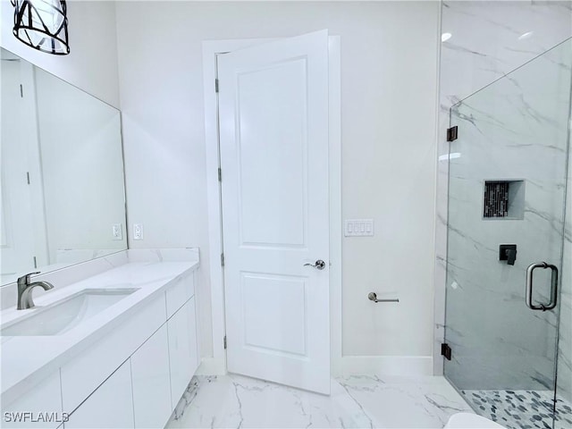 1312 Oak Ave, Lehigh Acres, FL 33972 - full bathroom featuring a marble finish shower, vanity, marble finish flooring, and baseboards